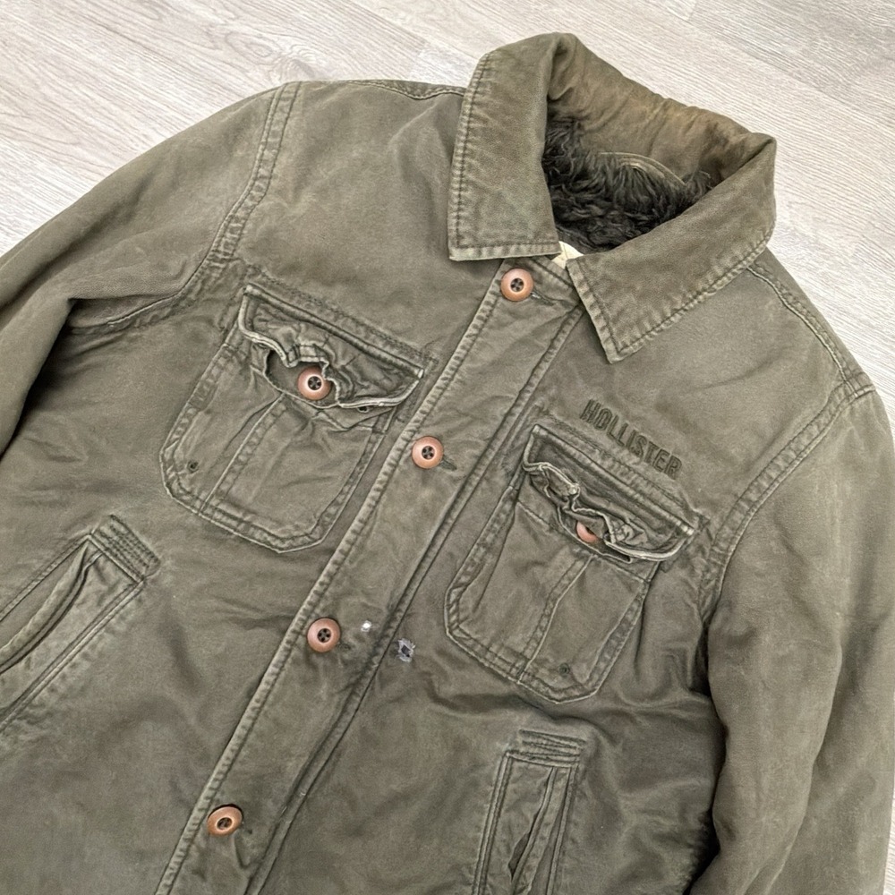 Hollister Y2K Sherpa Lined Utility Jacket Men's M Olive Green Distressed Grunge